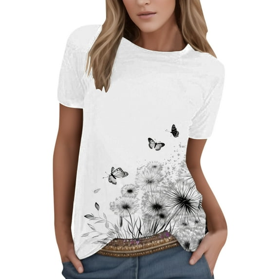 Women Summer Tops Women Summer Casual Fashion Round Neck Short Sleeve Flower Print TShirt Top Ladies Tops 5x Shirts And Fashion Lady Pullover Top Workout Tee Womens plus Size Athletic Tees Black L