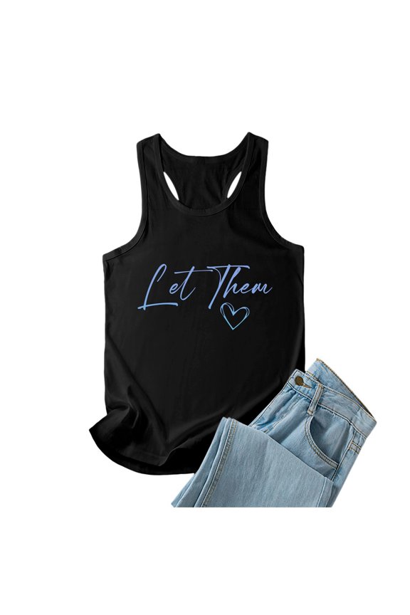 Women Summer Tops Women Summer Letter Printed Round Neck Casual Sleeveless Vest Top Cropped Active Compression Long Compression Shirts Camisoles Girls Big Bra Top Body Shape 4 8 Long T Black S