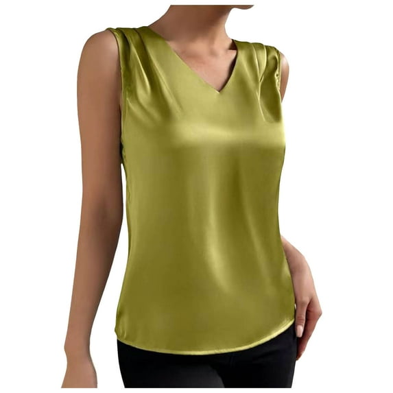 Women Summer Tops Women Summer V Neck Casual Soild Color Satin Sleeveless Basic Vest Shirt Fashionable Sleeveless Top Top Camisole Pack Compression plus Colla Tops for Bohemian Shirt Green XL