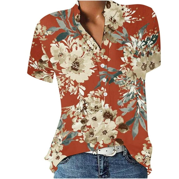 Women Summer Tops Women V Neck Blouse Short Sleeve Tunic Shirts Floral Print Tee Shirts Lightweight Tops Athletic Long Sleeve Short Athletic Ling Long Sleep Red 2XL