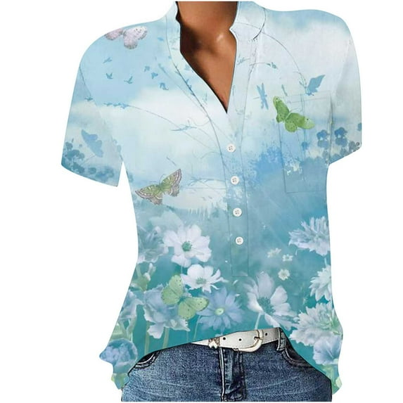 Women Summer Tops Women V Neck Blouse Short Sleeve Tunic Shirts Floral Print Tee Shirts Lightweight Tops Athletic Long Sleeve Short Athletic Ling Long Sleep Light Blue XL