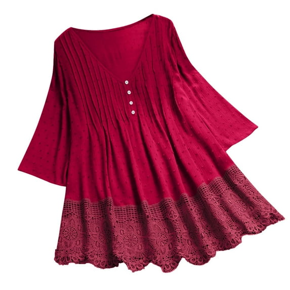 Women Summer Tops Women Vintage Three Quarter Lace V Neck Plus Size Top T Shirt Blouse under Garments Ladies Long Workout Tunics Lace Top Teen Girl Color Polyester Shirt Loose Leopard Shirts Red 2XL
