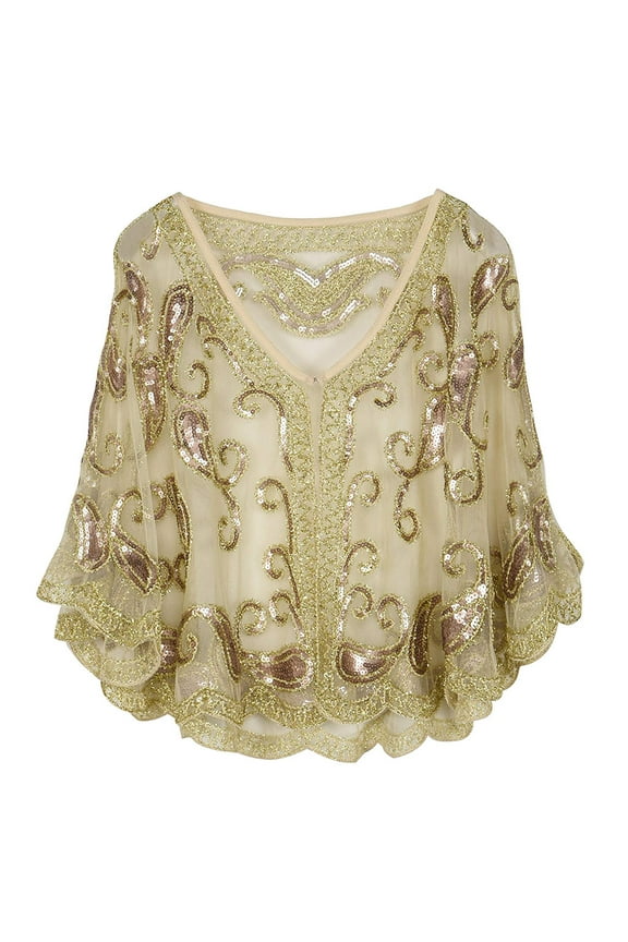 Women Summer Tops Women's 1920s Shawl Beaded Sequin Deco Evening Cape Flapper Cover up Womens Petite Long Sleeve Tops Long Sleeve Summer Blouses Blouses with Sleeves U Neck T Shirts Women Beige One