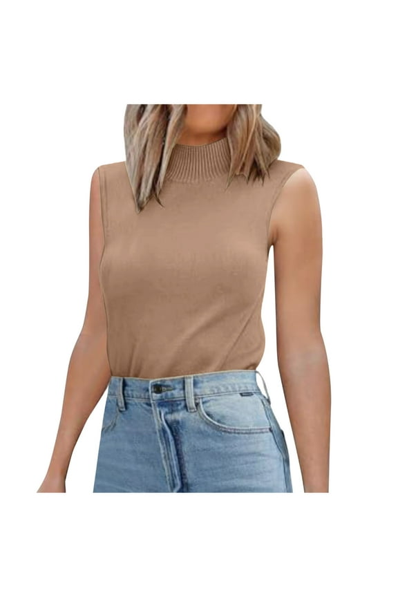 Women Summer Tops Women's 2024 Turtle Neck Sweater Vest Sleeveless Knit Pullover Tank Tops Casual Trendy Slim Fitted Shirts Cowl Neck Top for Women Girls 11 12 Bedroom Cute Western Outfits Khaki 2XL