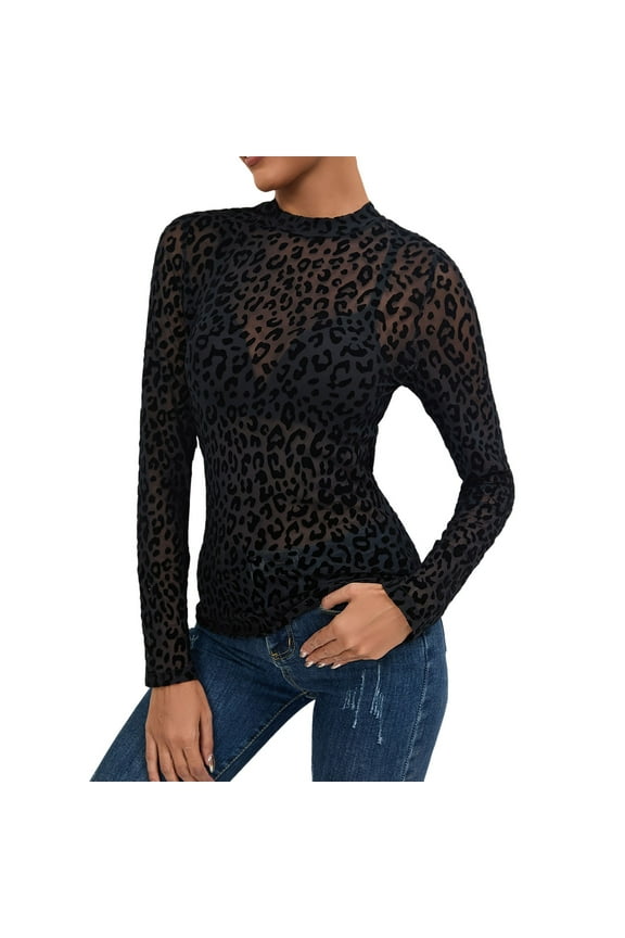 Women Summer Tops Women's Blouse Transparent Shirt Black Women's Sheer Mesh Long Sleeve Lace Floral Pattern Stand Up Collar Transparent Long Sleeve Lightweight Women Summer Tops Loose Fit Black L