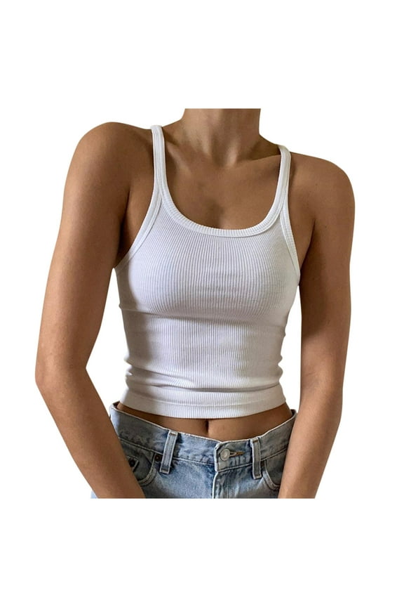Women Summer Tops Women's Casual Fashion Solid O-neck Navel Slim Camisole Top Tops for Women Deep Side Cut for Sock Boy Cropped Camisole Burnout 4 Year Crop Top Dance Shirt Blouse White M