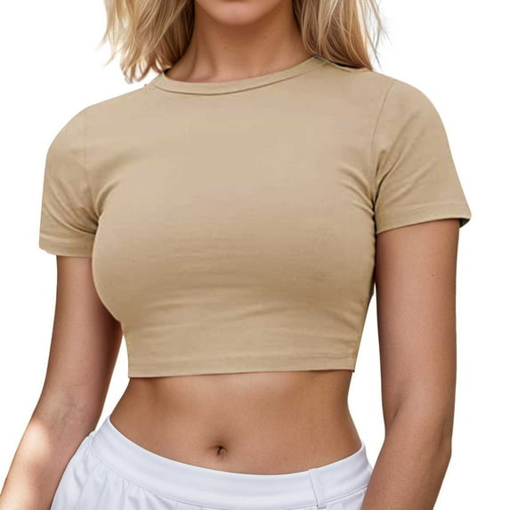 Women Summer Tops Women's Casual Short Sleeve Crop T Shirt Round Neck Basic Solid Top For Spring Summer Everyday Wear Slim Fit V Neck Shirt Short Crop Top Long Sleeve Dressy Tops for Women Beige 3XL