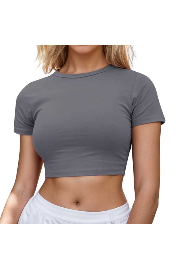 Women Summer Tops Women's Casual Short Sleeve Crop T Shirt Round Neck Basic Solid Top For Spring Summer Everyday Wear Slim Fit V Neck Shirt Short Crop Top Long Sleeve Dressy Tops for Women Grey 3XL