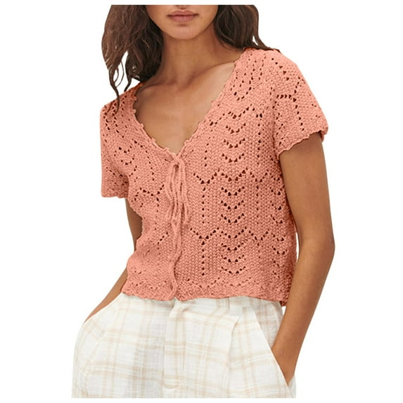 Women Summer Tops Women’ s Cropped Crochet Sweaters Summer V Neck Tie Front Cardigan Short Sleeve Hollow Out Knit Ladies Dressy Long Sleeve Tops Lace Long Tunic Top Blouse Vintage Athletic Pink L
