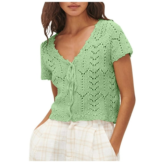 Women Summer Tops Women’ s Cropped Crochet Sweaters Summer V Neck Tie Front Cardigan Short Sleeve Hollow Out Knit Ladies Dressy Long Sleeve Tops Lace Long Tunic Top Blouse Vintage Athletic Green M