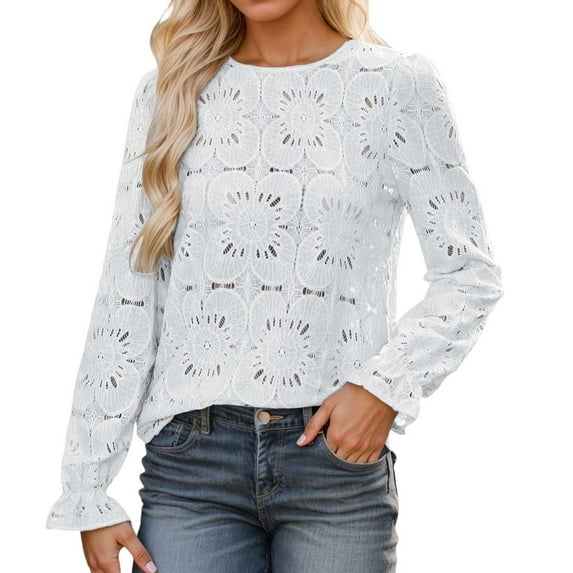Women Summer Tops Women's Eyelet Tops Puff Short Sleeve Blouses Dressy Casual Cute Hollow Out Crochet Lace Embroidered Summer Shirts Long Sleeve Shirt Junior Sweater Dress Cold Weather White M
