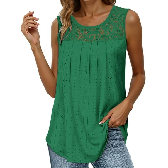 Women Summer Tops Women's Fashion Basic Round Neck Sleeveless T Shirt With Lace Cut Out Design For Casual Vacation Everyday Wear All Season Comfortable Stretch Soft Breathable Tee Tech Long Green S
