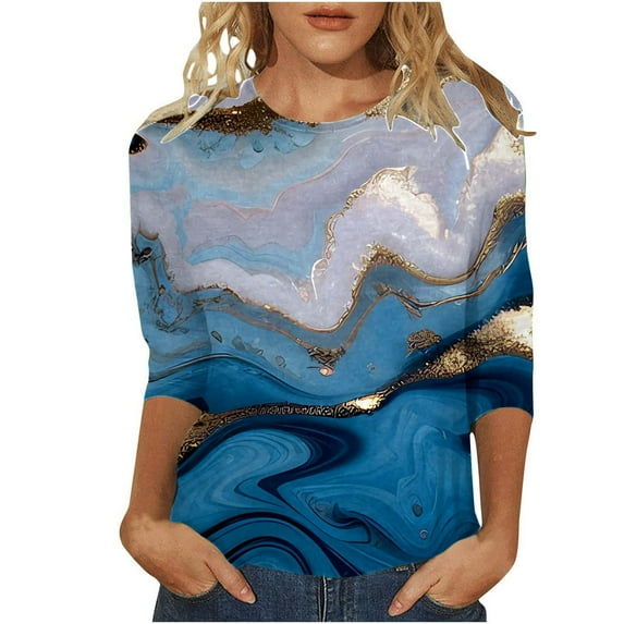Women Summer Tops Women's Fashion Casual Gradual Change Pattern Sport Round Neck T Shirt Comfortable Casual Loose Point Sleeve T Shirt Cool Fit Shirts Women plus Tunic Long Sleeve Swim Top Blue S