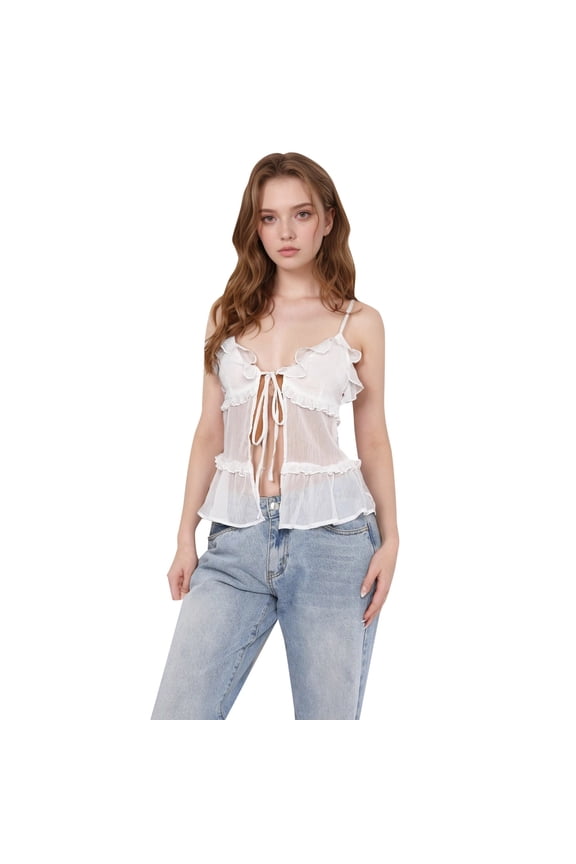 Women Summer Tops Women's Fashion Sleeveless Layered Ruffle Tie Strap Camisole Top Summer Casual Semi Transparent Blouse Tan Cropped Top Set Line Women under Diet Conceal for Juniors White S