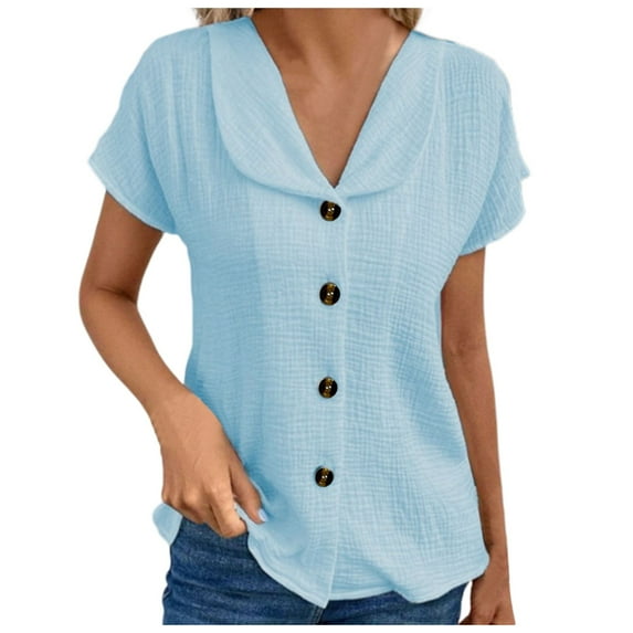 Women Summer Tops Women's Fashion Solid Color Lapel Short Sleeve Cardigan Button Casual Loose Top Light Button up Shirt Woman's Loose Fit Shirts Tops Size Small Neck Tee Women Popular Blue L