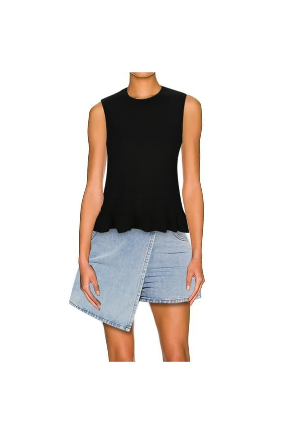 Women Summer Tops Women's Fashion Sweater Knit Sleeveless Pullover Crochet Ruffled Hem Tank Top Crop Tops for Women Top Long Warm Camisole with Support Bra Little Girl Cropped Active Furry Black XL