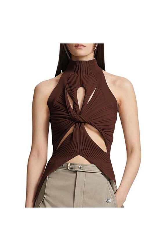 Women Summer Tops Women's Fashion Sweater Vest Sleeveless Hollow Knotted Detail Semi High Neck Solid Color Sexy Crop Top For Casual Wear Creme Tops for Women Camisole Pack Cardigan Shorts Brown M