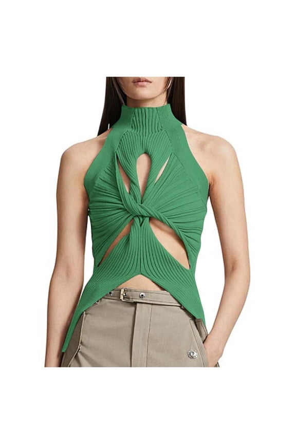 Women Summer Tops Women's Fashion Sweater Vest Sleeveless Hollow Knotted Detail Semi High Neck Solid Color Sexy Crop Top For Casual Wear Creme Tops for Women Camisole Pack Cardigan Shorts Green 2XL