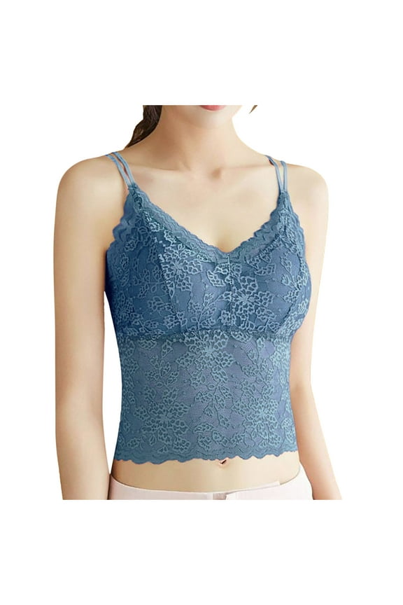 Women Summer Tops Women's Lace Bra V Neck Camisole Lingerie Slim Shoulder Strap Strapless Slim Fit Vest Camisole with Spandex Dance Shirt Girls Blouse Busty Women Top Shirt Glitter Foam Blue XL