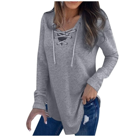Women Summer Tops Women's Lace Up V Neck Long Sleeved Tops Tunics Basic Shirts Bandage Pullover T Shirts Loo Tunic Tall Shirt Women Loose Short Sleeve Women's Long Loose Fitting Athletic Grey L