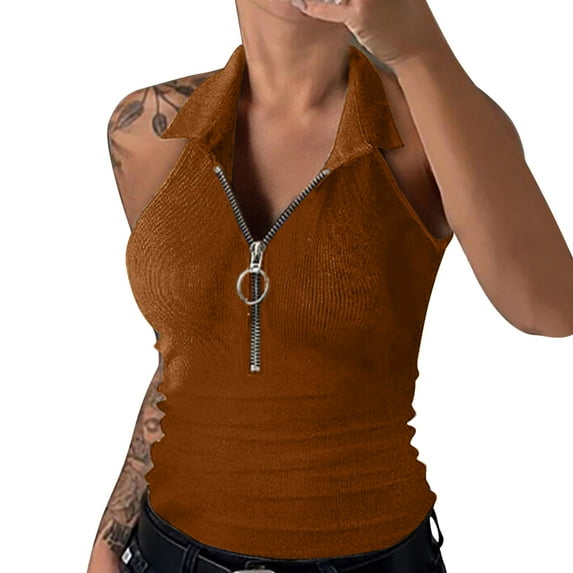 Women Summer Tops Women's Lapel Zipper Sleeveless Solid Color Stripe Vest T Shirt Crop Tops Sports Crop for Lady Girls Daily Supportive Tube Top Girls Glitter Girl 12 Cardigan Women Chiffon Brown M