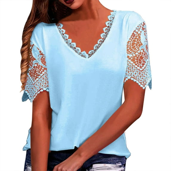 Women Summer Tops Women's Loose V Neck T Shirt Shirt With Lace Stitching Women Blouses V Neck Long Shirts Light Women's Long Sleeve Top Sleeve Button down Workout Tops Cowboy Shirts Blue XL