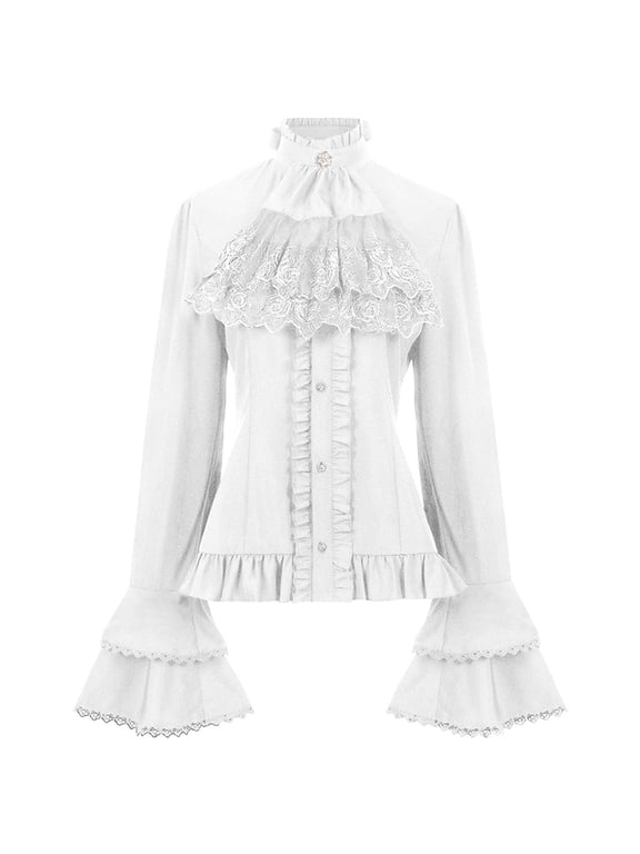 Women Summer Tops Women's Mid Punk Retro Pleated Lace Stitching Long Sleeved Shirt With Straps Inside Violet Blouses Tops Women Blouse Long Sleeve Summer V Neck V Neck Shirts Loose Fit White 2XL