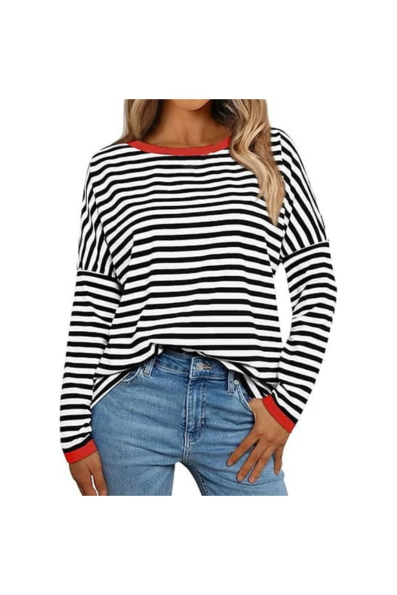 Women Summer Tops Women's New Long Sleeve Round Neck T Shirt Striped Casual Base Shirt Top Long Sleeve Ladies Pullover Tunic Leggings Women Short Blouses Large plus Size Short Tunic Tops for Red 2XL
