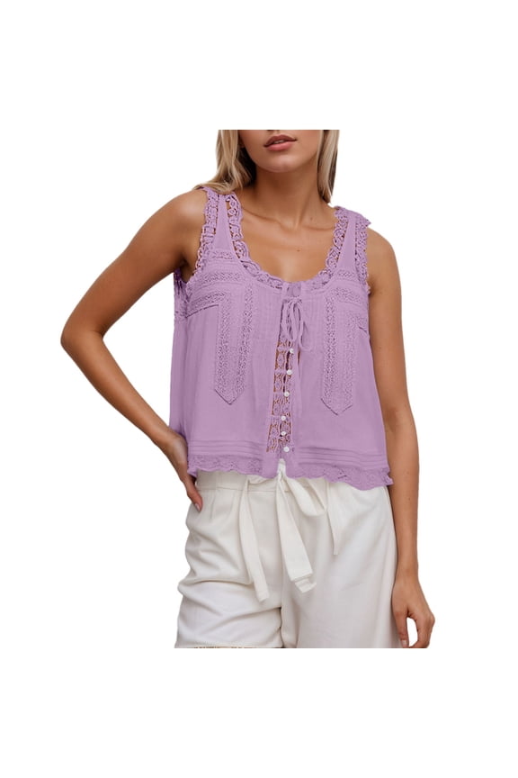 Women Summer Tops Women's New Solid Color Lace Lace Patchwork Sweet Slim Fit Small Camisole Vest on Girls Bra 30 Top Denim Top Women Crop Spandex Camisole with Bra Shelf 1 Year Bra30 Crop Purple L