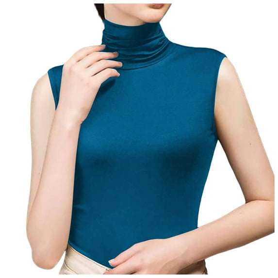 Women Summer Tops Women's Pile Neck Sleeveless Under A Tight Vest High Neck Thin Base Crop Summer Tops Women Cut off Crop Top Top for Fashion 10 Star Cropped Workout Bra Camisoles for with Blue One