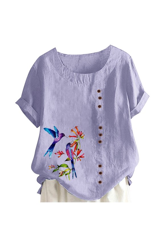 Women Summer Tops Women's Printed Round Neck Raglan Sleeve Hem Slit Loose Short Sleeve Button Decoration Shirt Womens V Neck Undershirt Pack Sliders for Girls Long Exercise Low Cut Top Purple 5XL