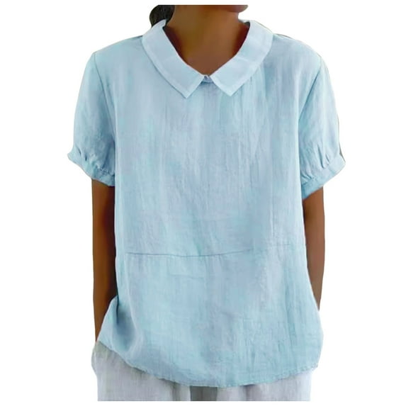 Women Summer Tops Women's Retro Fashion Solid Color Loose Casual Turndown Neck Shirt Short Sleeved T Shirt Tops Womens Short Sleeve Casual Long Sleeve Athletic for Women Thermal Long Running Light