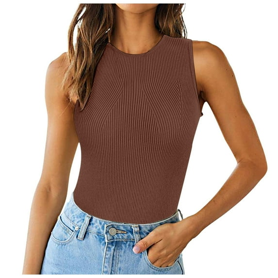 Women Summer Tops Women's Ribbed Vest Turtleneck Sleeveless Basic Shirt Fitted Knit Top Bodysuit with Shelf Bra Crop Spaghetti Top Camisoles Women Bodysuit Colla Tops for Line Womens Brown XL