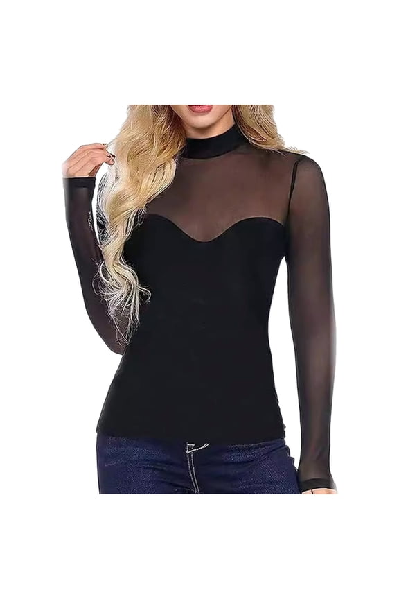 Women Summer Tops Women's See Through Mesh Tops Long Sleeve Neck Sheer Tee Top Casual Club Party T Shirts Striped Sleeve Shirt Wrap Women Athletic Shirts Long Slim Fit Short T Shirt Black XL