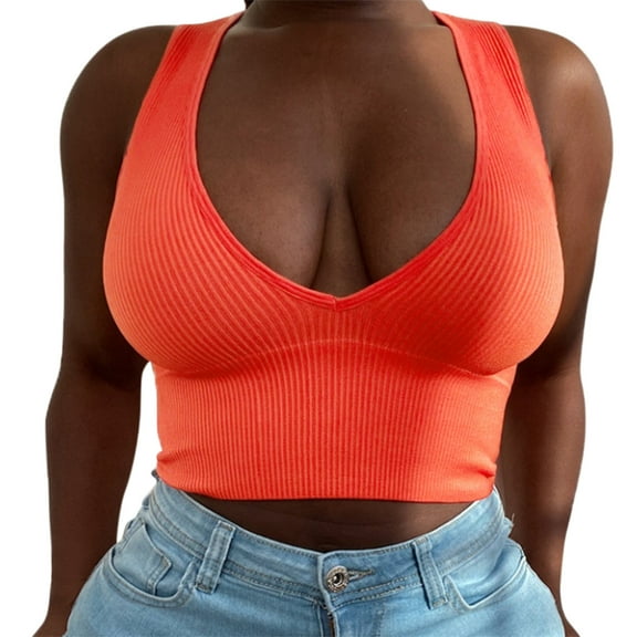 Women Summer Tops Women's Sexy V Collar Sleeveless Solid Color Stripe Vest T-Shirt Dare Top Women Blouse Dressy Cute Business Tops Conceal Top Camisole for Bra Cleavage Jewelry for Orange L