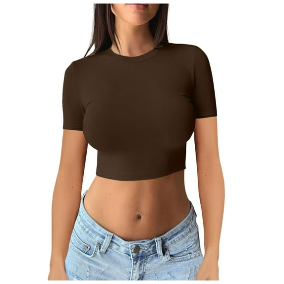 Women Summer Tops Women's Short Sleeve Slim Fit Crew Neck Long Sleeve T Shirt Tops Plain Basic Crop Top Casual Clothes Streetwear Clean Girl Clothes Sports Top Women Short Exercise Dress Coffee L