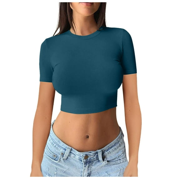 Women Summer Tops Women's Short Sleeve Slim Fit Crew Neck Long Sleeve T Shirt Tops Plain Basic Crop Top Casual Clothes Streetwear Clean Girl Clothes Sports Top Women Short Exercise Dress Navy M