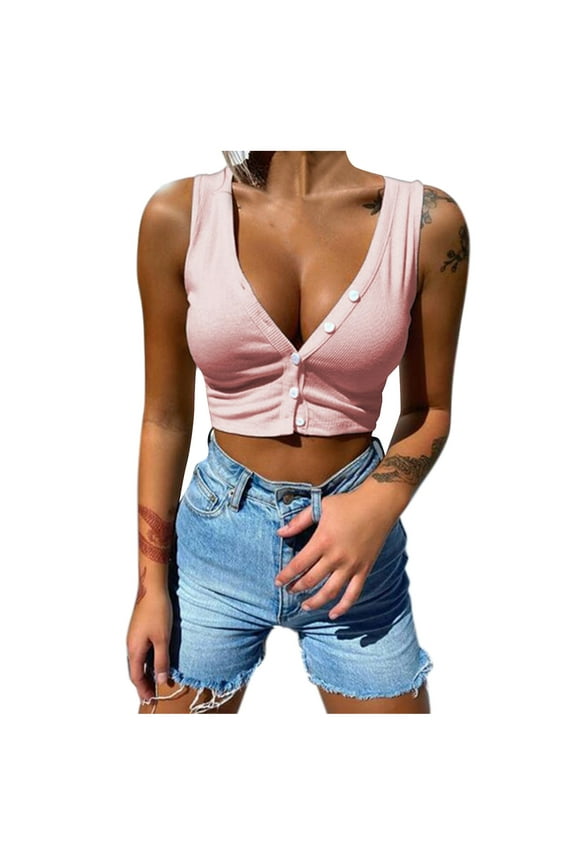 Women Summer Tops Women's Sleeveless Fashion Button V-neck Tank Top T-shirt Top Thick Strap Blouse Lace Memory Girl Camisole Juniors Yoga Cute Business Tops Busty Crop Camisoles Women Bra Pink L