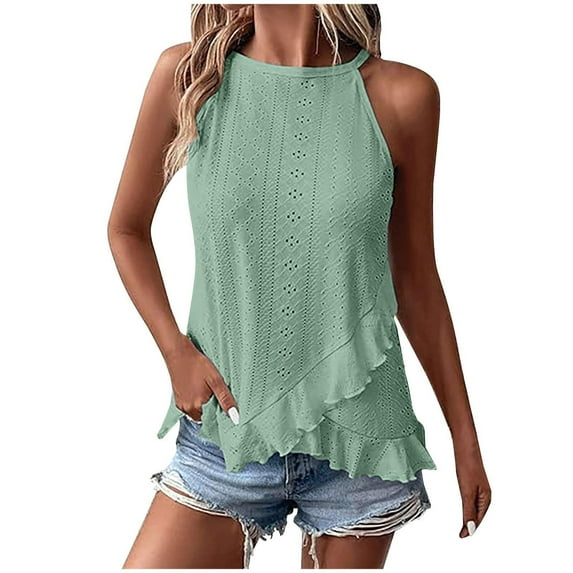 Women Summer Tops Women's Sleeveless Top With Eyelet Embroidery And Ruffle Trim Cowboy Tops for Women Workout Compression Shirt for Top Cropped Compression with Bra Shirts Green M