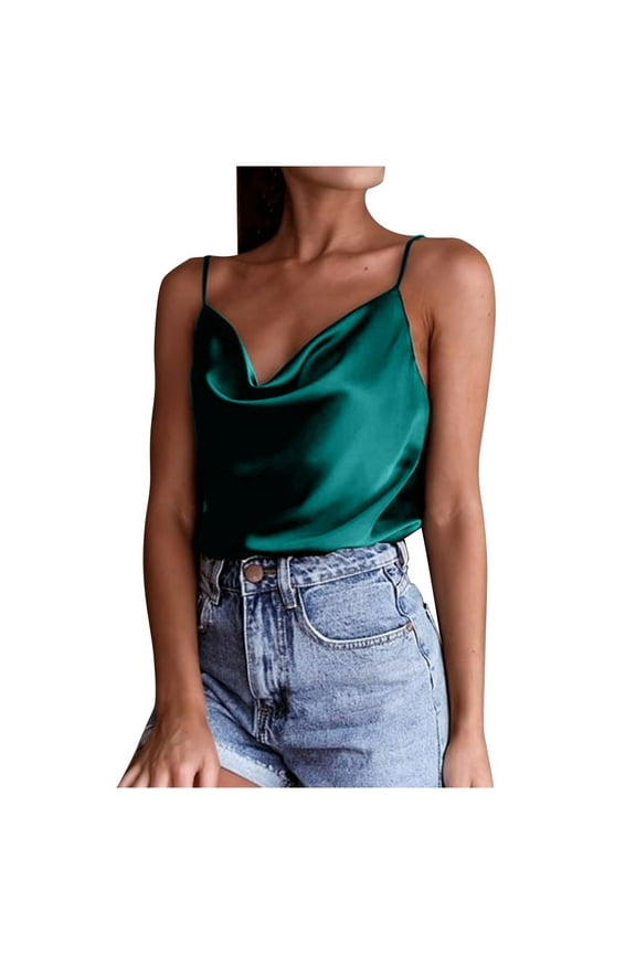 Women Summer Tops Women's Solid Color Base Sexy Elegant Casual Chiffon Vest Suspender Top Camisole Crop Tops Small Crop Camisoles Women Bodysuit Blouse 2xl Blouse Busty Camisole for Bra Green 2XL