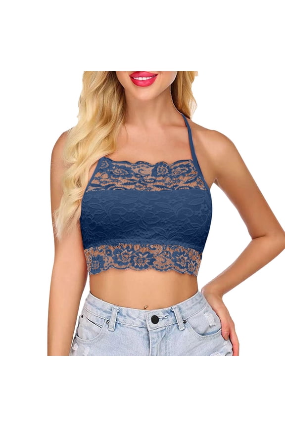 Women Summer Tops Women's Solid Color Lace Crop Top on Girls Fluff Yeah Slide Breastfeeding Women Top Girl Cute Shirts for Summer Business Casual Tops Camisole with Bra Shelf Bedroom with Blue S