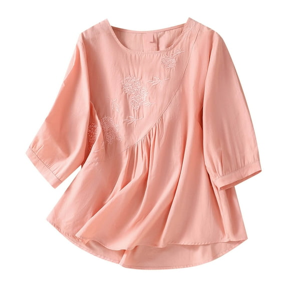 Women Summer Tops Women's Solid Color Round Neck Cool Summer Pullover 5/ 6 Sleeve Top Slim Fit Short Sleeve Womens Womens Long Sweaters Lady Long S Shirts Ladies Shirt Lightweight Base Pink XL