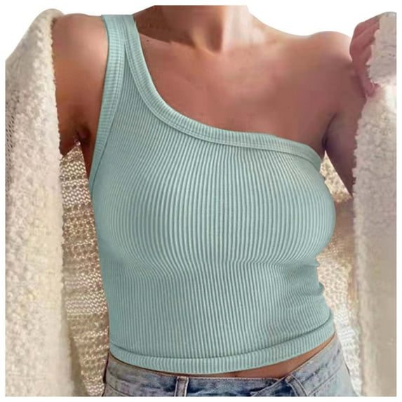 Women Summer Tops Women's Solid Color Short Bustier One Shoulder Camisole Tank Top T Shirt Stylish Casual Crop Top Spotted Cropped Workout Wide Straps Deep V Neck Women Camisole with Green L