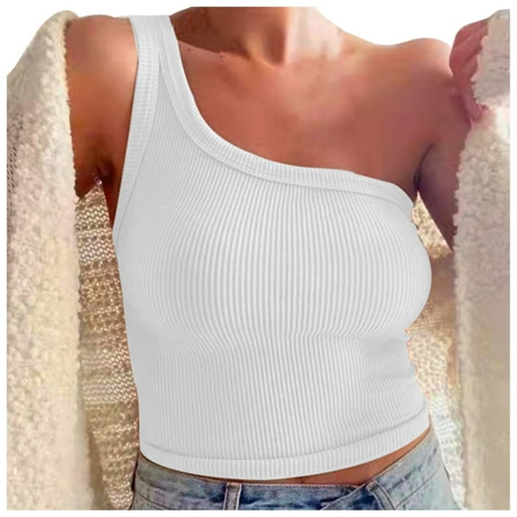 Women Summer Tops Women's Solid Color Short Bustier One Shoulder Camisole Tank Top T Shirt Stylish Casual Crop Top Spotted Cropped Workout Wide Straps Deep V Neck Women Camisole with White 2XL