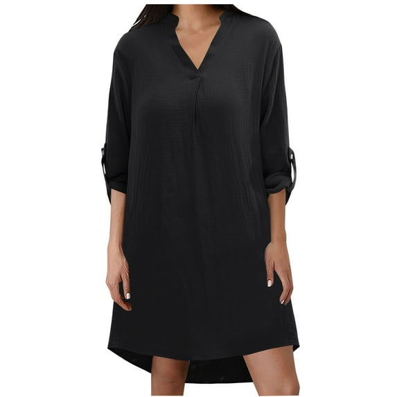 Women Summer Tops Women's Solid Long Sleeve 3/ 4 Sleeve Shirt Dress Casual Maxi Button Down Blouse Top Colla Shirts Women Silk Dress Shirt Big Button Corduroy Long down Oversized Loose Black S