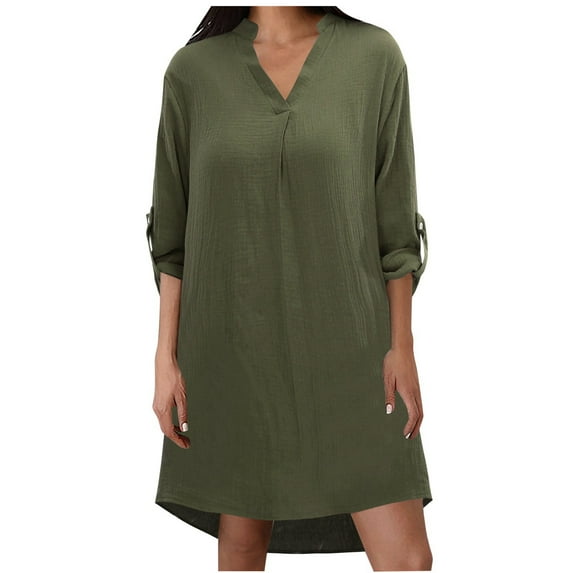 Women Summer Tops Women's Solid Long Sleeve 3/ 4 Sleeve Shirt Dress Casual Maxi Button Down Blouse Top Colla Shirts Women Silk Dress Shirt Big Button Corduroy Long down Oversized Loose Dark Green L