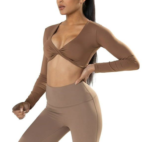 Women Summer Tops Women's Sports Long Sleeved Fitness Clothes Deep V Neck Slim Fit Breathable Wind Navel Yoga Clothing Short Top Ballerina Stuff Girls Workout Shirts Women Fit Lace Top Long Brown S