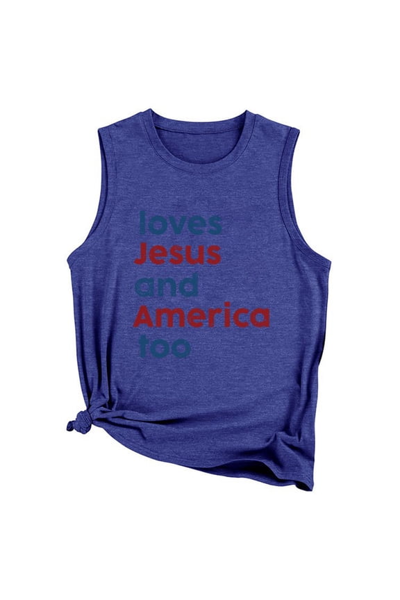 Women Summer Tops Women's Summer And America Too Lettering Printed Round Neck Sleeveless Tank Top Crops Tops for Women Compression Crop Top Undershirt Button down Business Woman Cardigan Dark Blue S