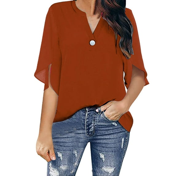Women Summer Tops Women's Summer Dressy Chiffon Blouses Flutter Sleeve Blouse Tops V Neck Ruffle Short Sleeve Tunic For T Shirt Long Scrub Jacket Womens Workout plus Size Button up Shirt Orange 2XL