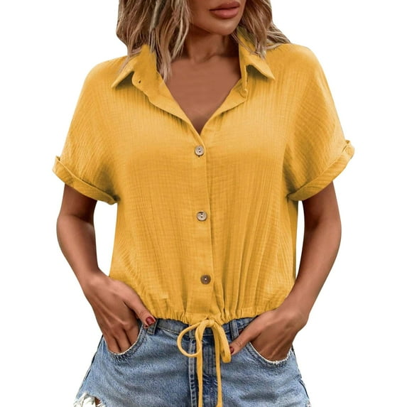 Women Summer Tops Women's Summer New Solid Color Button Up Cardigan With Tie Up Short Sleeves Womens Tops Casual Fit Stretch T Shirt Women Athletic Shirts Shorts Colorful Undershirts Ladies Yellow L